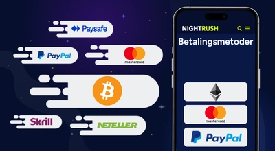 Smarttelefon som viser Visa-, Skrill- og Bitcoin-betalingsvalg for norske kasinoer i 2026.