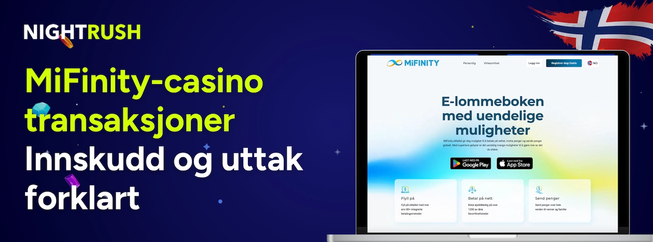 Kampanjebanner om MiFinity-casinoinnskudd og -uttak.