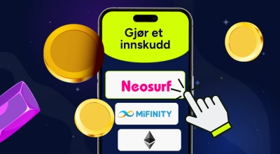 Innskuddsmuligheter på en telefon med casinoprodukter mot en blå bakgrunn.