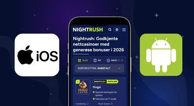 Android- og iOS-symboler med en telefon mot en mørk bakgrunn.