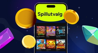 Casinospill på en telefon med casinogjenstander mot en mørk bakgrunn.
