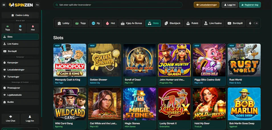 Spinzen Casino spilleautomater.