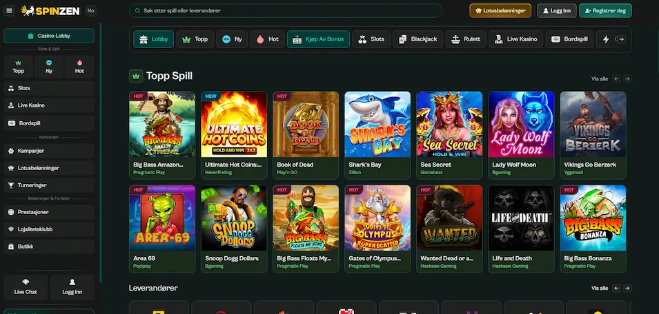Spinzen Casinos hovedspilllobby.