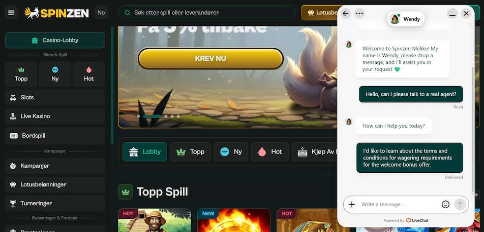 Spinzen Casino live chat-samtale.