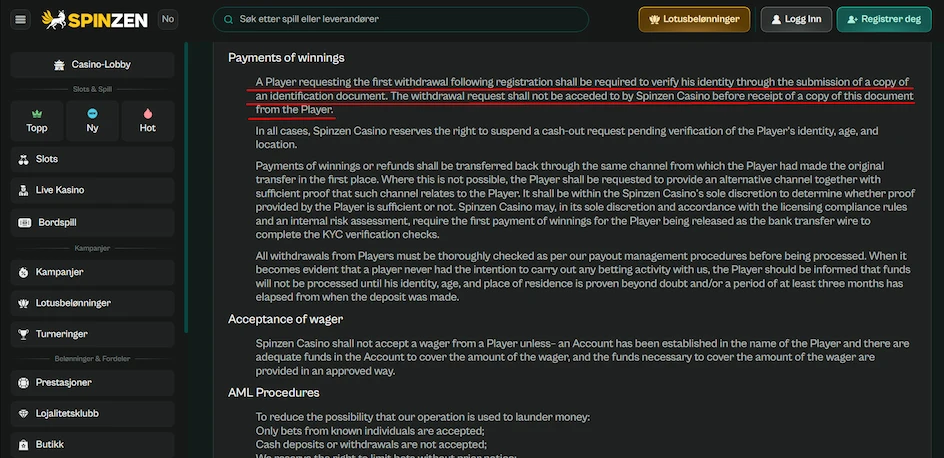 Spinzen Casino KYC-krav.
