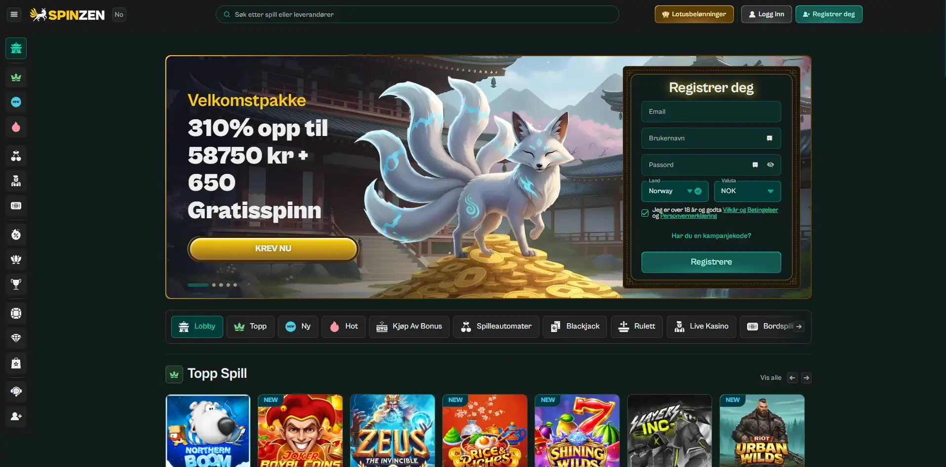Spinzen Casino hjemmeside.
